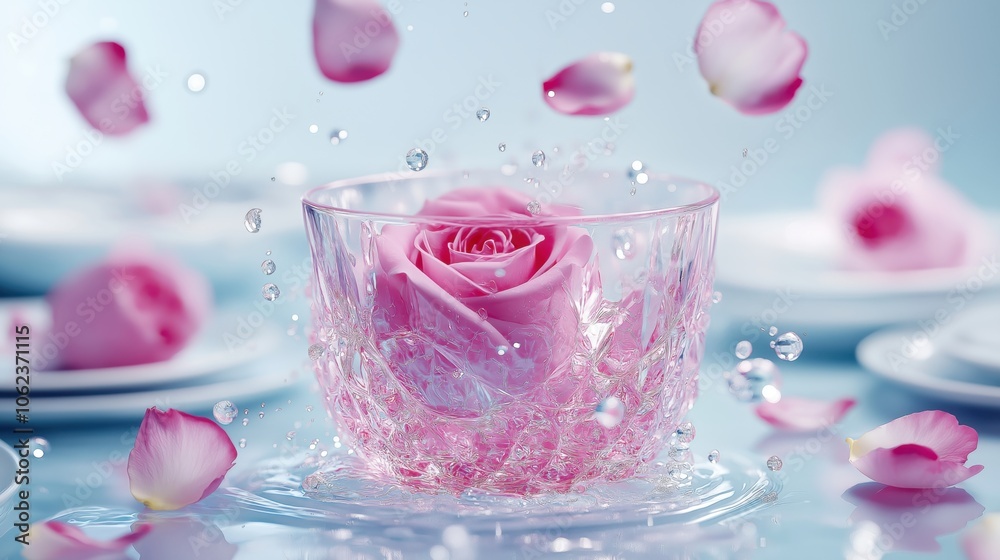 A delicate pink rose floats gracefully in a clear bowl surrounded by scattered petals with droplets of water glistening in soft light A delicate pink rose floats gracefully in a clear bowl surrounded by scattered petals with droplets of water glistening in soft light