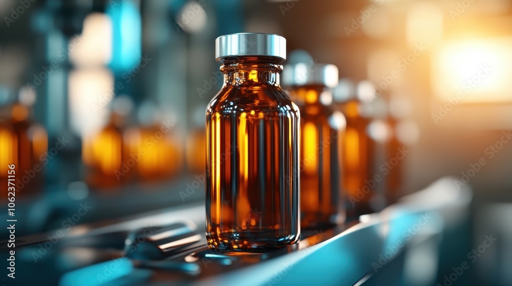 Amber glass bottles are neatly lined up on a metallic surface in an industrial setting, reflecting the warm sunlight, which highlights their glossy texture and clarity. Amber glass bottles are neatly lined up on a metallic surface in an industrial setting, reflecting the warm sunlight, which highlights their glossy texture and clarity.