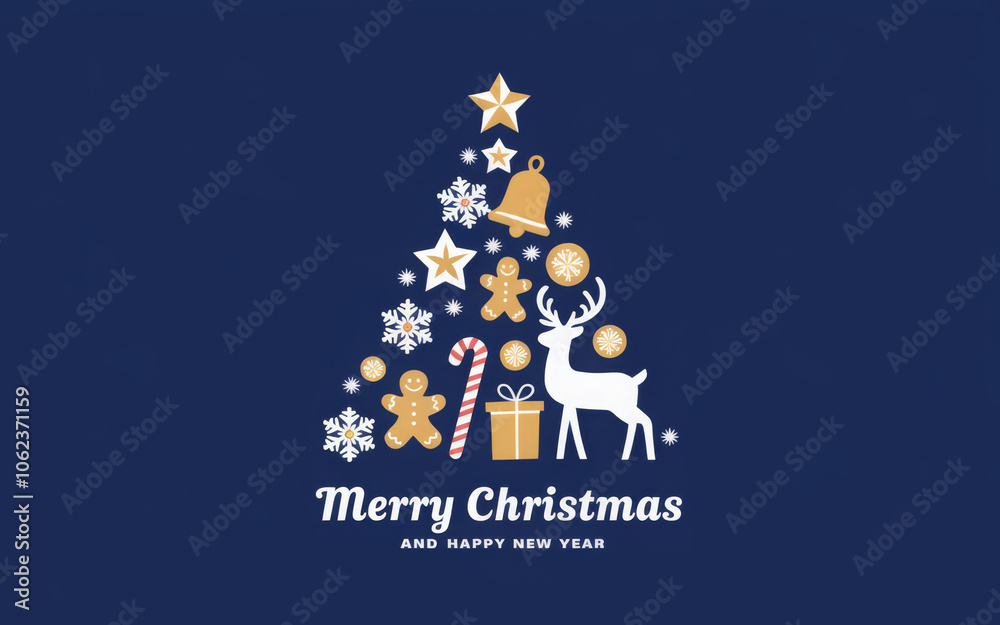 Greeting card concept with the words Merry Christmas. Abstract Christmas tree shape arranged with festive symbols
Greeting card concept with the words Merry Christmas. Abstract Christmas tree shape arranged with festive symbols