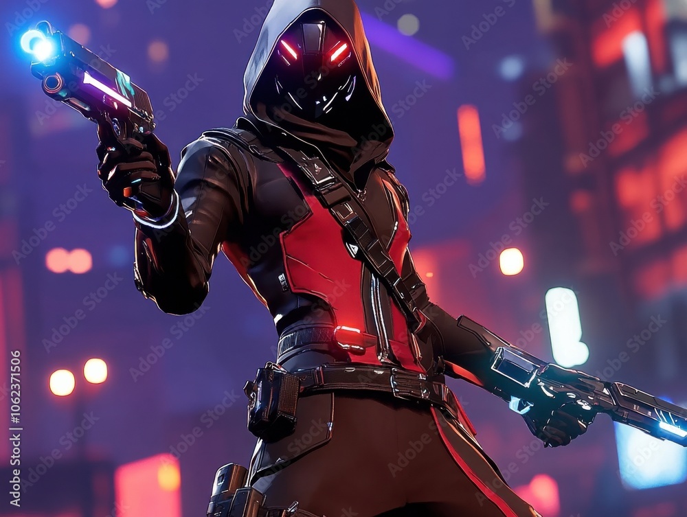 Fototapeta premium A futuristic, hooded character with glowing eyes holds high-tech weapons, set in a vibrant cityscape. The scene evokes a sense of suspense and adventure.