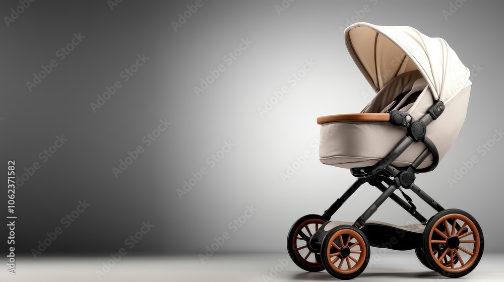 A classic beige stroller accentuated with elegant wood touches stands in a sophisticated studio setup, reflecting timeless design and user-friendly features. A classic beige stroller accentuated with elegant wood touches stands in a sophisticated studio setup, reflecting timeless design and user-friendly features.