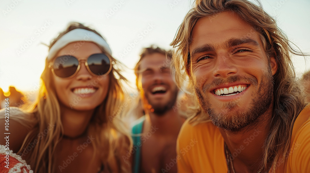 A dynamic, open shot of friends at a music festival, smiling and raising their hands toward the camera. Theyâre in front of a large stage, with festival lights and a crowd around t A dynamic, open shot of friends at a music festival, smiling and raising their hands toward the camera. Theyâre in front of a large stage, with festival lights and a crowd around t