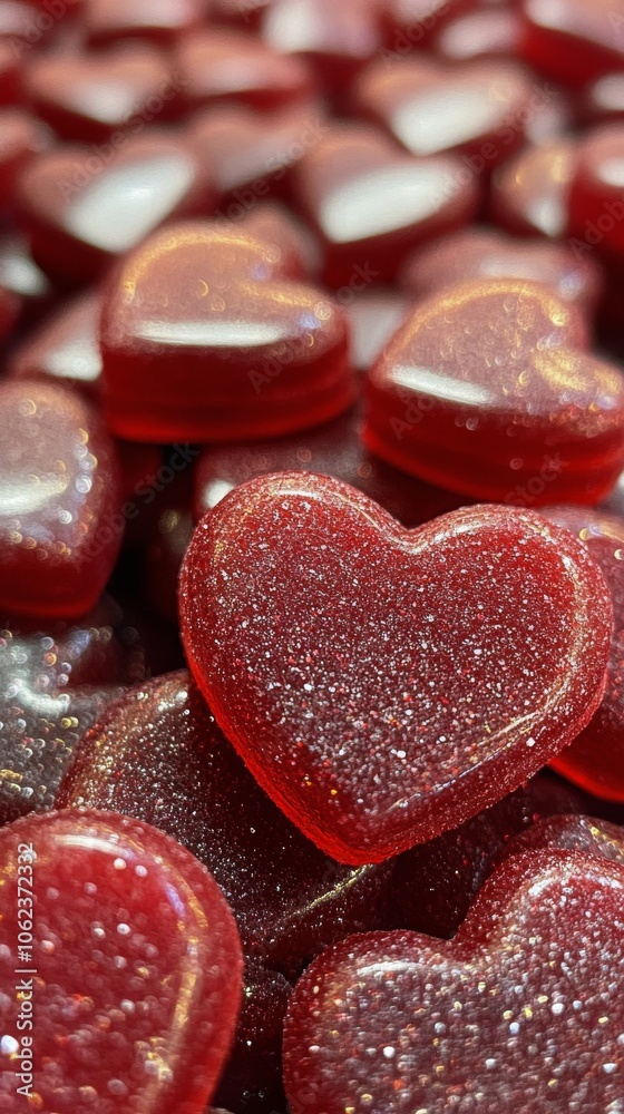 Obraz premium Sparkling red heart shaped decorations displayed together on a dark surface for festive occasions