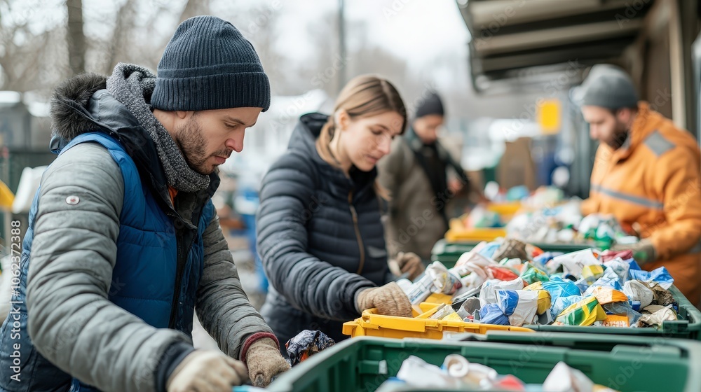 Diverse Individuals Engaged in Recycling and Waste Sorting Diverse Individuals Engaged in Recycling and Waste Sorting