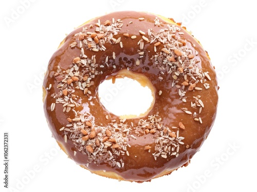 Artisanal Chocolate Glazed Donut Topped with Coconut Shavings on a White Background