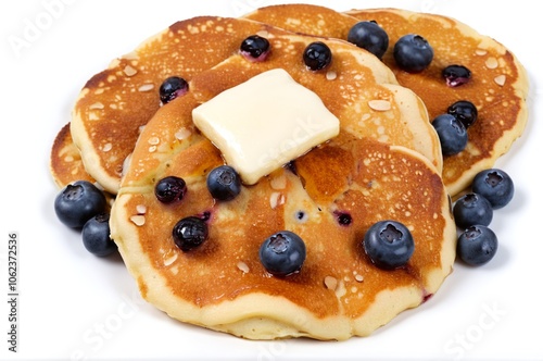 Deliciously Fluffy Blueberry Pancakes with Melting Butter and Honey on a White Background