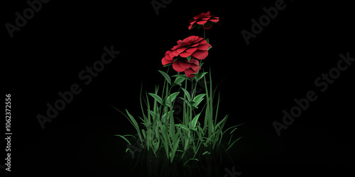 Red flowers blooming in green grass on a black background, creating a stark and beautiful contrast