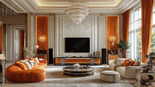 Luxurious living room with orange and white decor, featuring a large TV, a round coffee table, and a plush sofa.