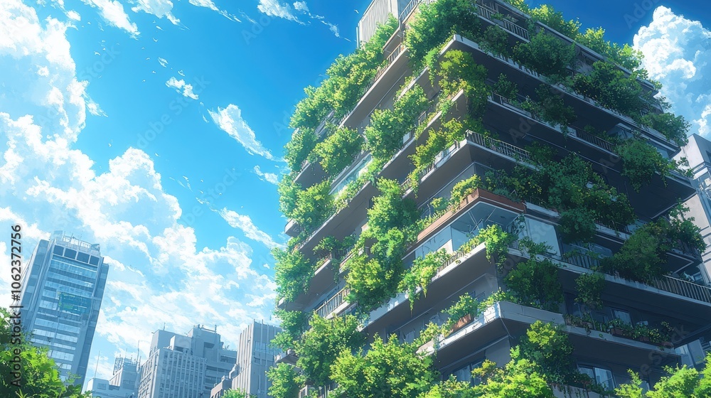 Obraz premium A high-rise building covered in lush greenery, with a clear blue sky and fluffy white clouds in the background.