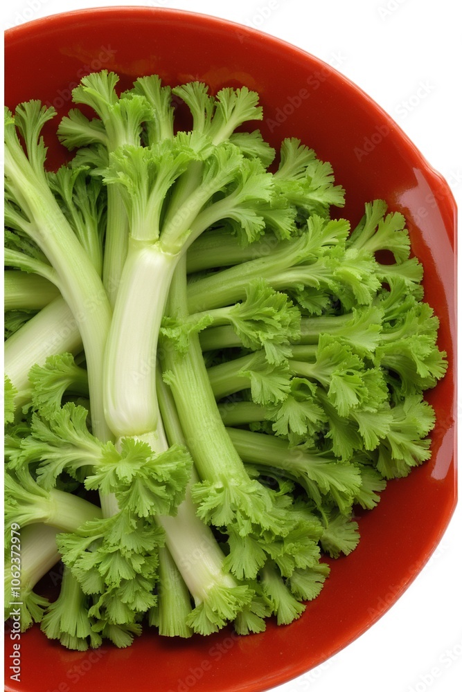 Organic Celery Stalks Beautifully Arranged in a Red Bowl with Wooden Accents