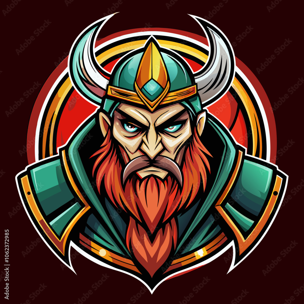 Obraz premium Bold viking esports logo featuring a fierce warrior with a vibrant beard and helmet design, suitable for gaming teams and tournaments