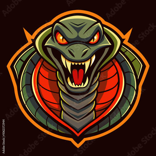A fierce cobra esports logo featuring an aggressive snake design with vibrant colors on a dark background, showcasing competitive spirit and strength