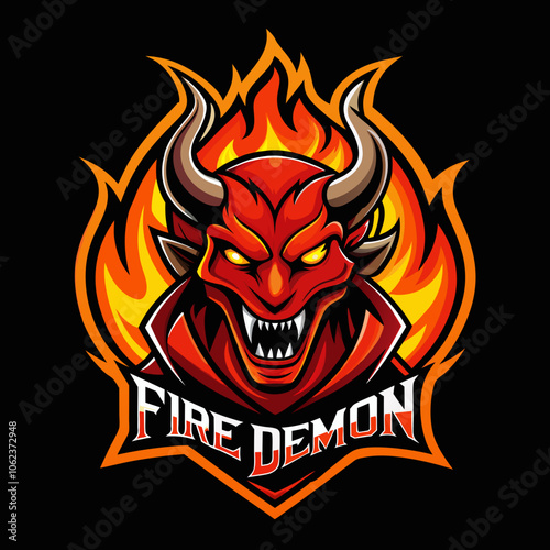 Dynamic fire demon esports logo featuring vibrant flames and fierce expression designed for competitive gaming teams