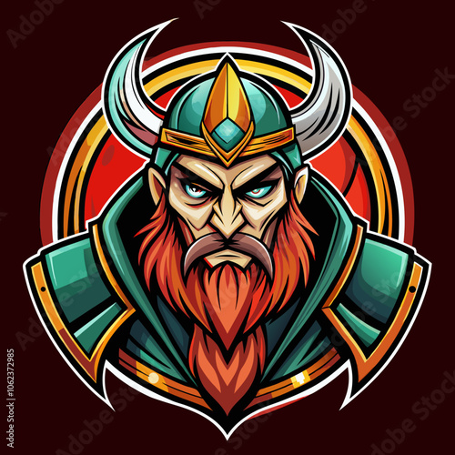 Bold viking esports logo featuring a fierce warrior with a vibrant beard and helmet design, suitable for gaming teams and tournaments