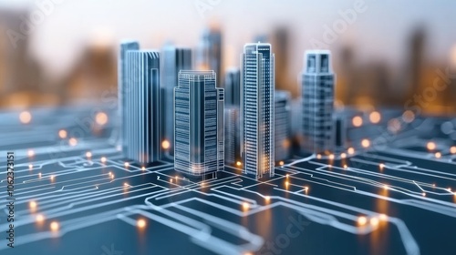 Fototapeta Naklejka Na Ścianę i Meble -  This composition illustrates a futuristic smart city with digital elements, featuring one side in daylight and the other in night mode