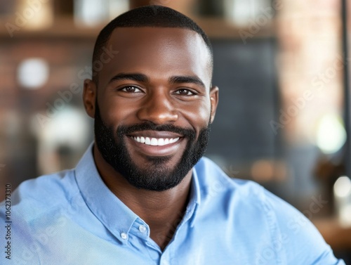 A smiling male in a professional setting, wearing a blue shirt. The background is subtly blurred, highlighting his friendly expression and confident demeanor.