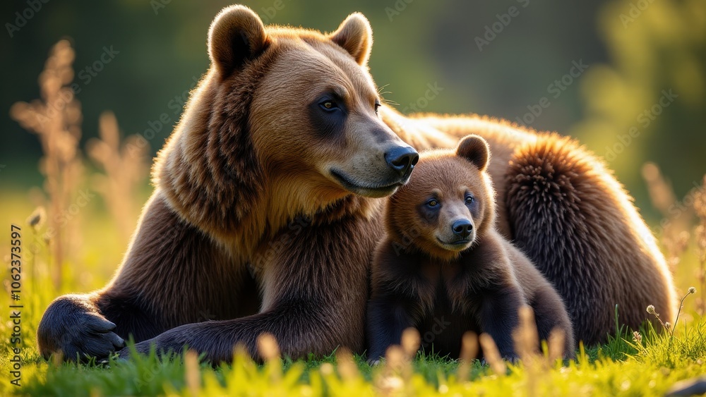 Obraz premium A stunning photograph of a grizzly bear cub close to its mother, with gentle shadows enhancing their beautiful fur.