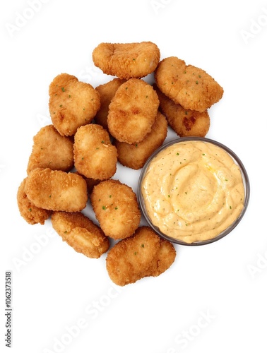 Golden Crispy Chicken Nuggets with Creamy Dipping Sauce Isolated on White Background