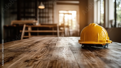 A yellow construction hard hat lies prominently on a textured wooden table within a softly lit interior space, evoking themes of work and safety. photo