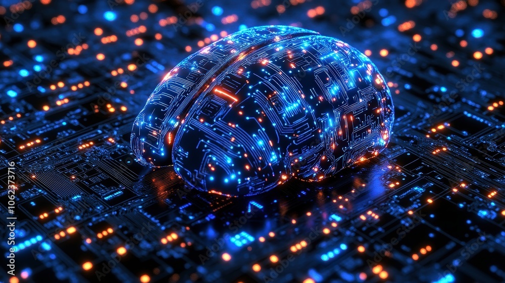 Digital Brain Concept with Circuits and Lights