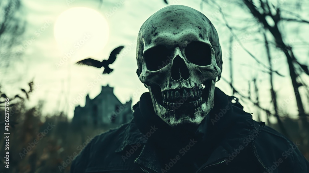 A sinister skull with a crow in flight set against a haunting, dilapidated building and moonlit sky, evoking mystery and suspense. A sinister skull with a crow in flight set against a haunting, dilapidated building and moonlit sky, evoking mystery and suspense.
