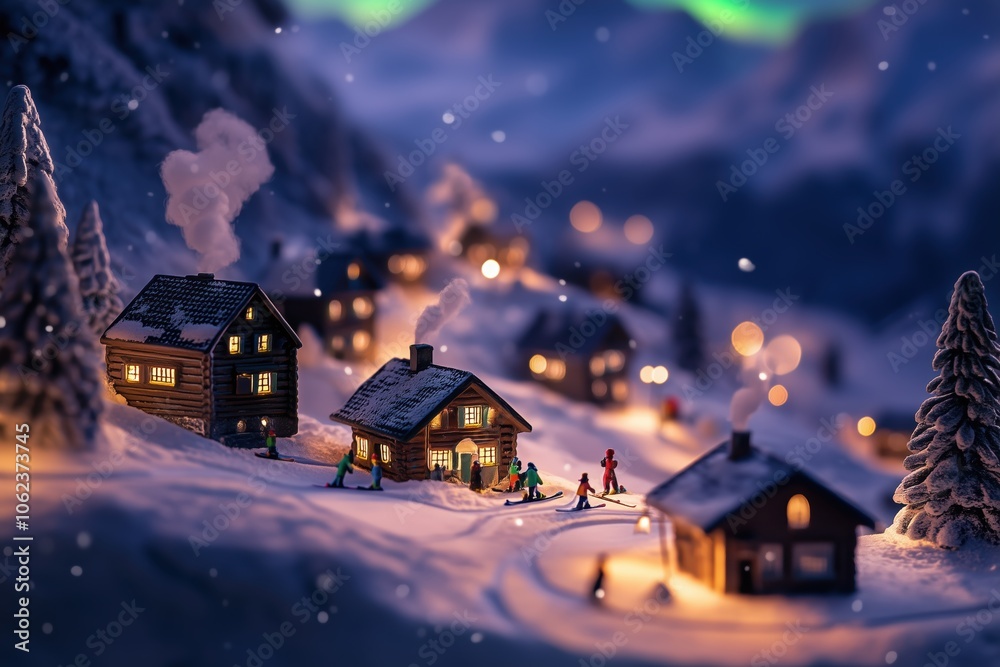 Fototapeta premium Miniature mountaintop village with Christmas lights and snowy charm