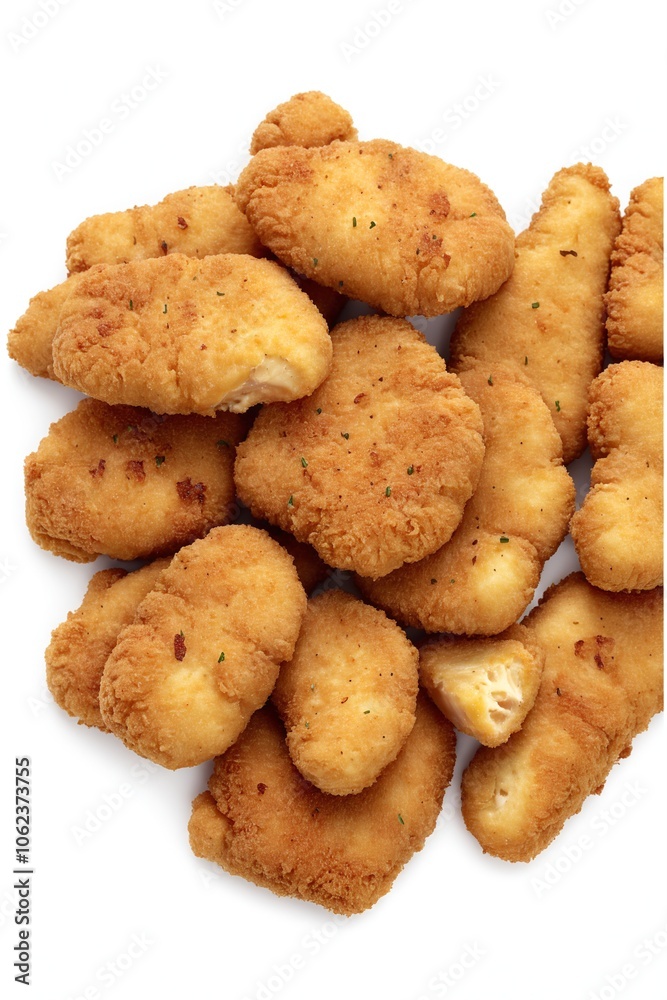 Crispy Golden Chicken Nuggets Isolated on Bright White Background with Ketchup Set Nearby Crispy Golden Chicken Nuggets Isolated on Bright White Background with Ketchup Set Nearby