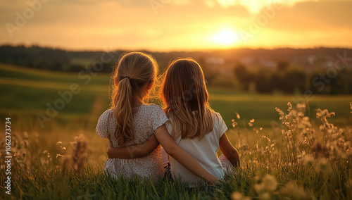 Two girls in a field, hugging each other and gazing at the sunset, concept of friendship