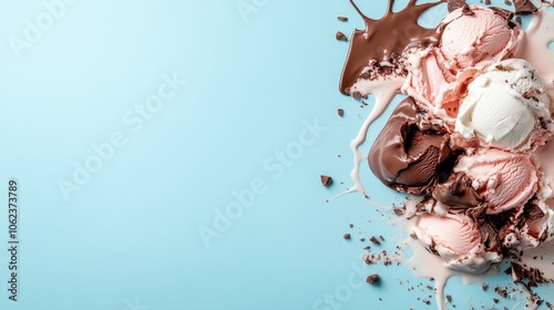 An artistic close-up of various melted ice cream scoops and chocolate chunks on a blue background, emphasizing deliciousness and indulgence in vivid colors.