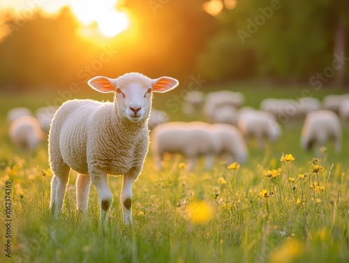 A serene scene of sheep grazing in a sunlit meadow, bathed in the golden glow of sunset. The peaceful ambiance captures a sense of tranquility.