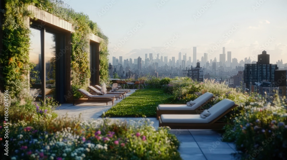 Obraz premium Serene Urban Rooftop Garden Oasis with City View