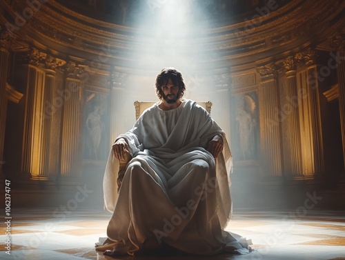 A serene figure, possibly Jesus, sits on a throne surrounded by ethereal light, evoking a sense of peace and divinity.