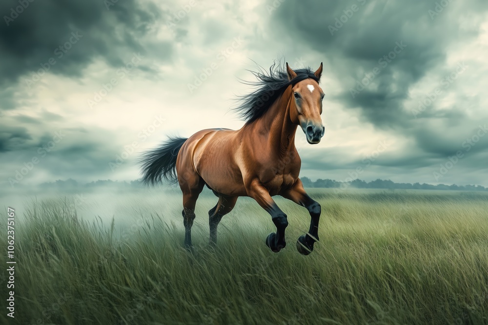 Prairie scene with galloping mustang and dramatic stormy skies Prairie scene with galloping mustang and dramatic stormy skies