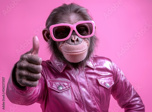 A chimpanzee in a pink leather jacket and matching pink glasses gives a thumbs-up, set against a bright pink background, showcasing style and playful personality. photo