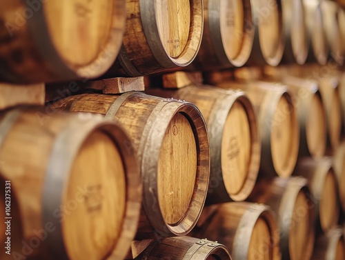 A rustic wine cellar with stacked wooden barrels, creating a warm and inviting atmosphere for aging wine. photo