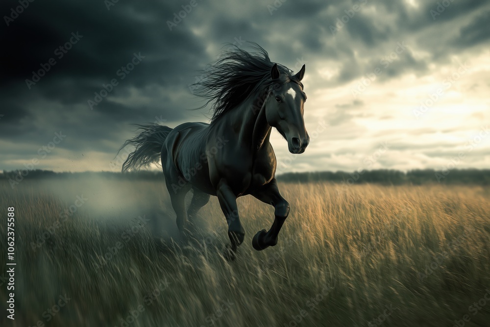 Majestic wild mustang galloping freely across the vast open prairie