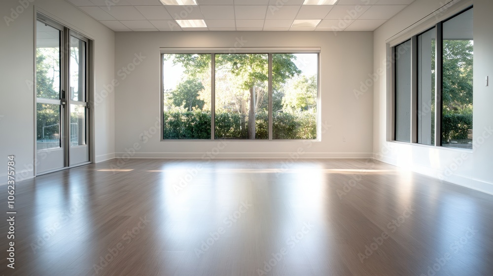 This spacious room is illuminated by large windows allowing natural light to flood through, emphasizing its vastness and connection to the outdoor environment. This spacious room is illuminated by large windows allowing natural light to flood through, emphasizing its vastness and connection to the outdoor environment.