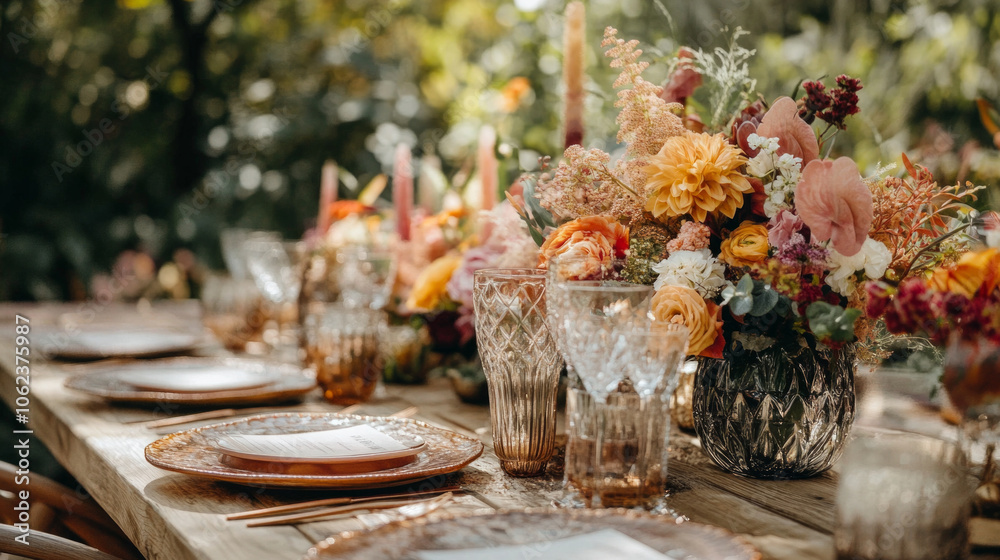 Elegant outdoor dining setup featuring vibrant floral arrangements and candles at sunset Elegant outdoor dining setup featuring vibrant floral arrangements and candles at sunset