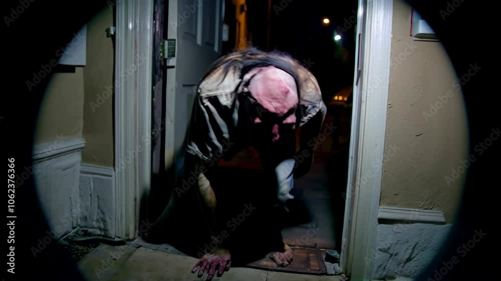 Mysterious figure entering house at night depicted in eerie, suspenseful atmosphere Mysterious figure entering house at night depicted in eerie, suspenseful atmosphere