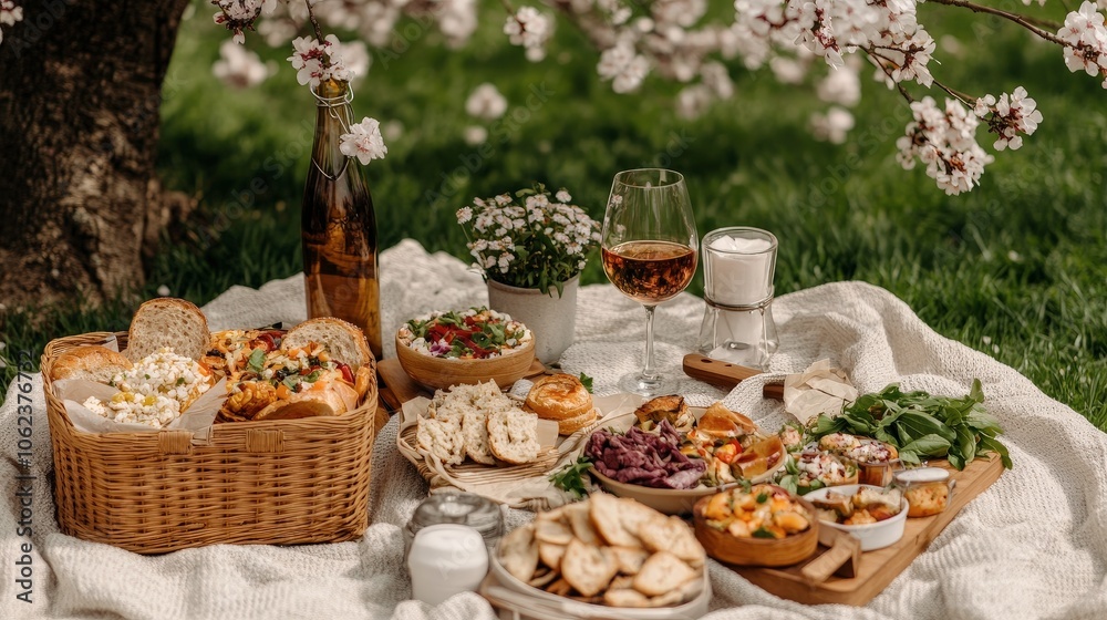 Fototapeta premium Spring Picnic with Friends Under Blossoming Trees