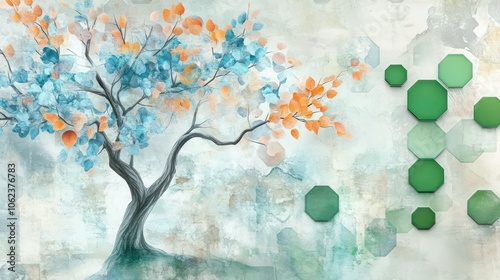 A dynamic 3D mural of a tree with pastel blue and orange leaves, set against a watercolor wash background, with green hexagons creating a modern, artistic effect.