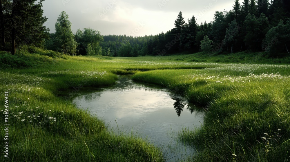 A serene pond reflecting the sky, surrounded by lush meadows and dense forests, highlighting the untouched beauty of a tranquil countryside setting. A serene pond reflecting the sky, surrounded by lush meadows and dense forests, highlighting the untouched beauty of a tranquil countryside setting.