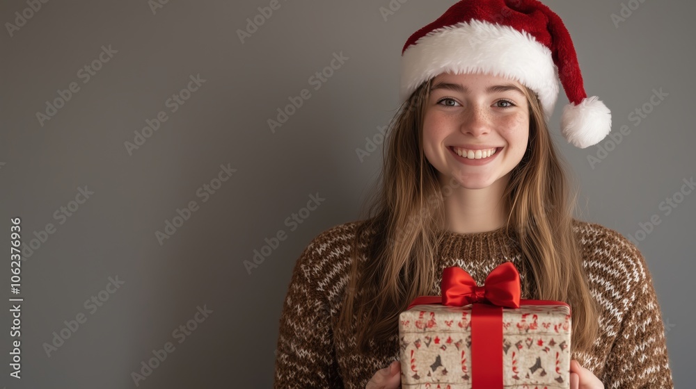 Cheerful woman in Santa hat with Christmas gift, cozy winter feel Cheerful woman in Santa hat with Christmas gift, cozy winter feel