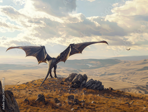 Arambourgiania with a towering neck, soaring through prehistoric skies, vast plains below, wings spread wide, late Cretaceous landscape in the background, clouds casting shadows, cinematic style, Comp