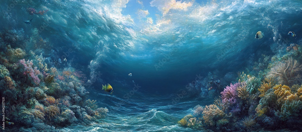 Fototapeta premium Underwater scene with coral reefs, fish, and sunlight shining through the surface.