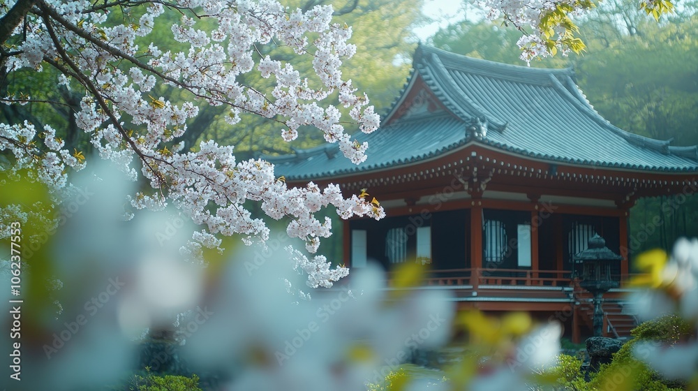 Serene Japanese Temple Surrounded by Cherry Blossoms Serene Japanese Temple Surrounded by Cherry Blossoms