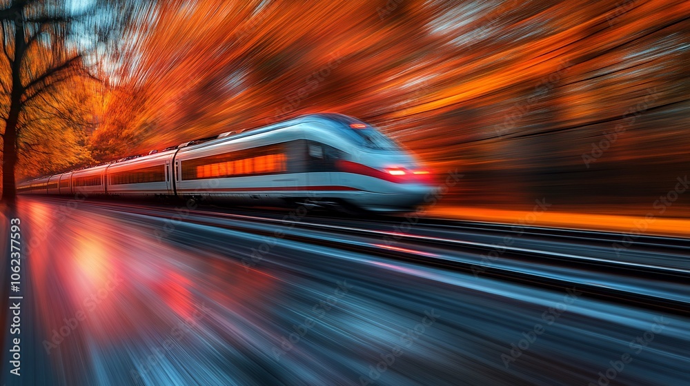 High-speed train speeding through autumn scenery. High-speed train speeding through autumn scenery.