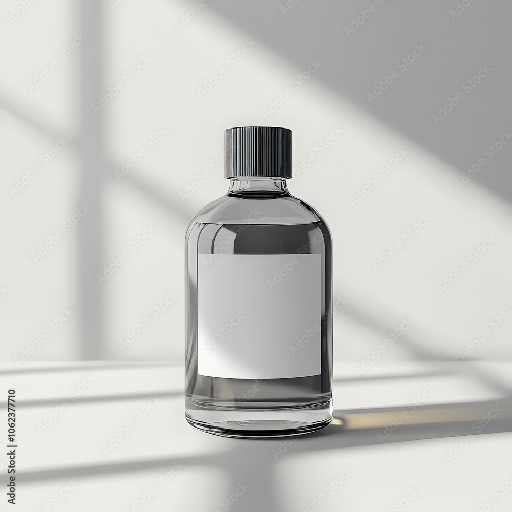Blank Label on a Sleek Glass Bottle with Minimalist Shadows, Ideal for Product Mockups and Branding Design Blank Label on a Sleek Glass Bottle with Minimalist Shadows, Ideal for Product Mockups and Branding Design