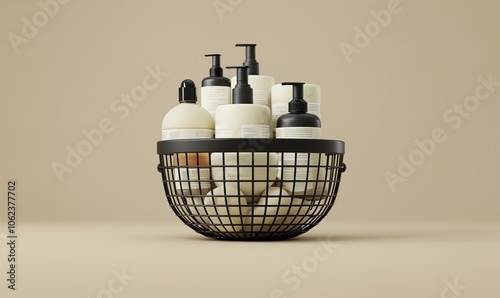 A beige background with a metal black grocery basket full of cosmetics. The idea of cosmetic shopping. An organic cosmetic. Mockup. 3D visualisation, Generative AI.