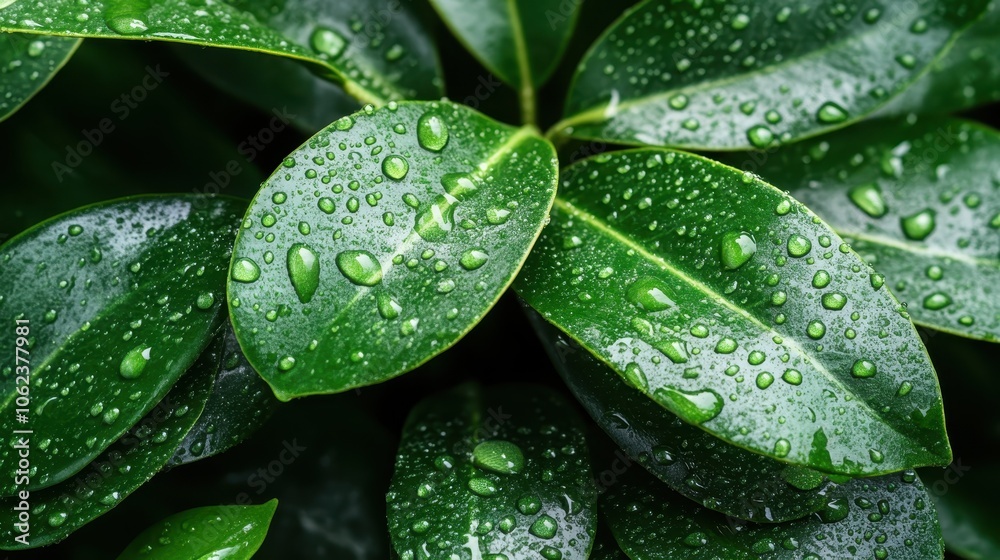 Detailed photograph showcasing fresh green leaves adorned with raindrops, highlighting the natural beauty and freshness of a rain-soaked environment. Detailed photograph showcasing fresh green leaves adorned with raindrops, highlighting the natural beauty and freshness of a rain-soaked environment.
